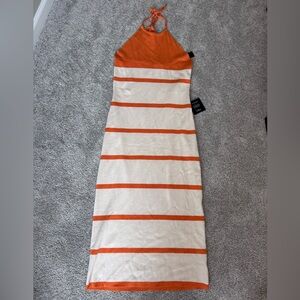 NWT Lulus Friendly Cutie Orange and Ivory Striped Knit Halter Midi Dress, Sz L
